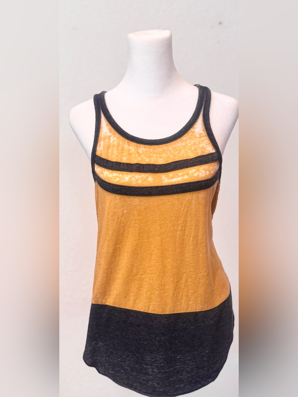 Chaser burn out semi sheer cotton blend knit racer back tank top mustard & grey